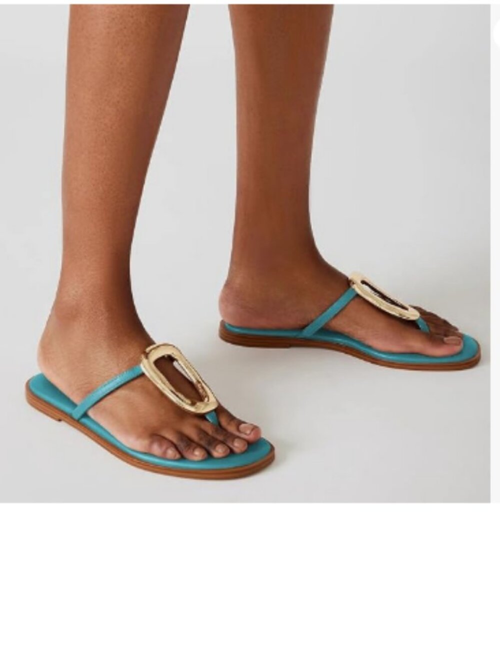 FSJ Turquoise Open Toe Flat T-Strap Gold Detail Flip Flops Slip-On Thong Sandals